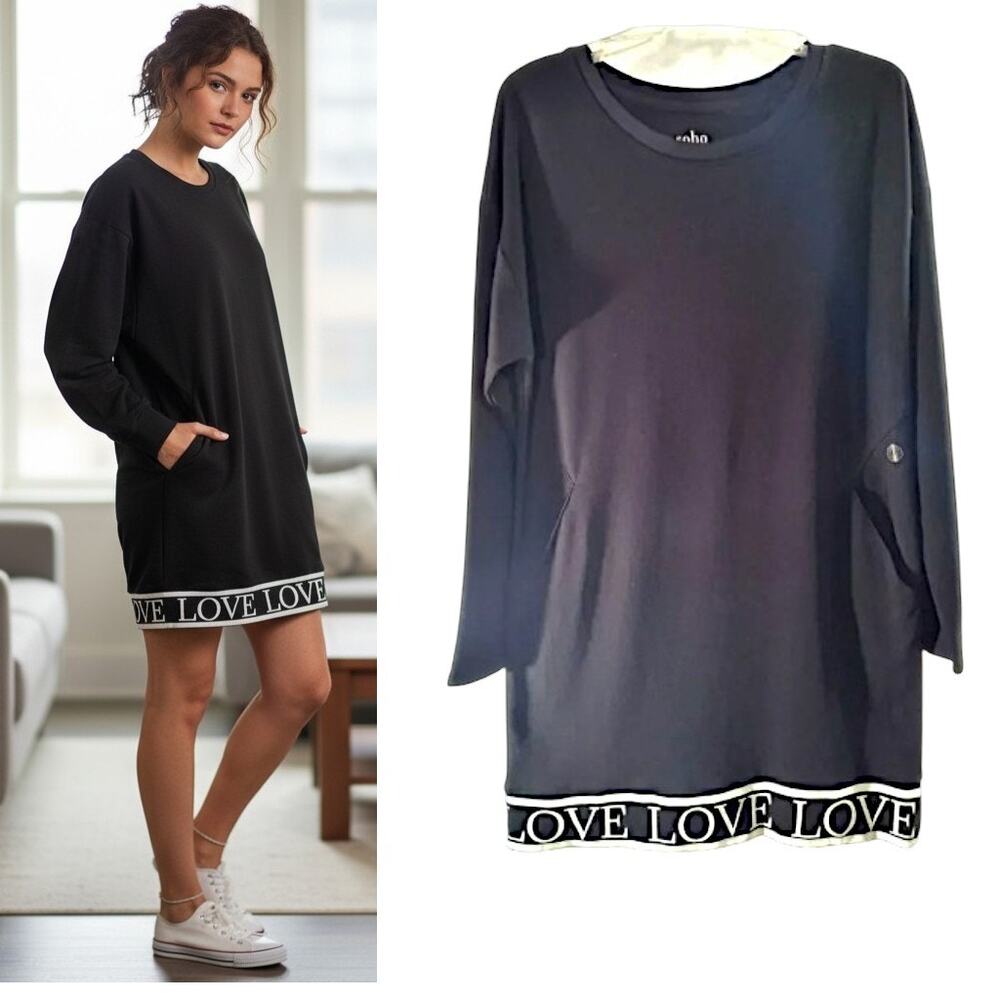 NWT NY & Co Soho Black Sweatshirt Dress Sz M Pockets French Terry Casual Mini